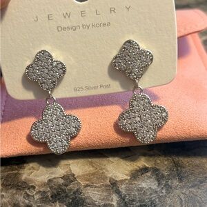 Pave Clover Double Drop Earrings in Silver